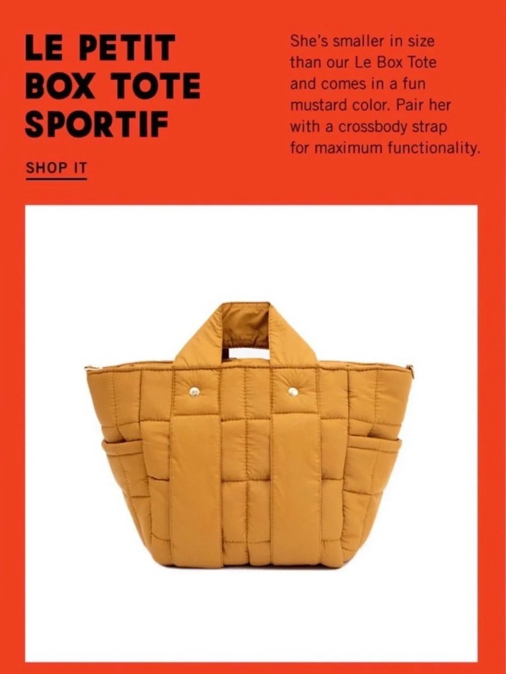 Clare V Le Petit Box Tote Sportif - Mustard Quilted Puffer original $185